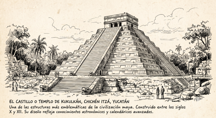 Un dibujo detallado en blanco y negro del Templo de Kukulkán en Chichén Itzá, México. La pirámide maya, con sus nueve niveles escalonados y cuatro escaleras principales, está rodeada por una densa selva y las bases de otras estructuras antiguas. El cielo está nublado y hay un sutil destello de luz cerca de la cima. En la parte inferior de la imagen, un texto en español describe brevemente el significado de la estructura.