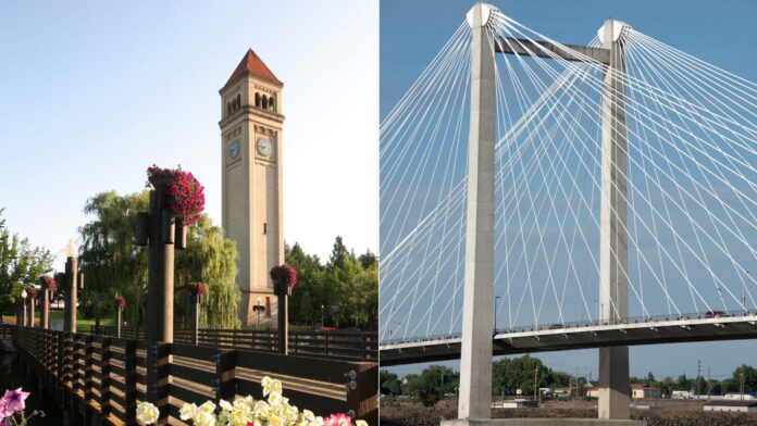 Foto: De izquierda a derecha, Parque ribereño y torre del reloj en Spokane y Puente Ed Hendler que comunica Pasco y Kennewick