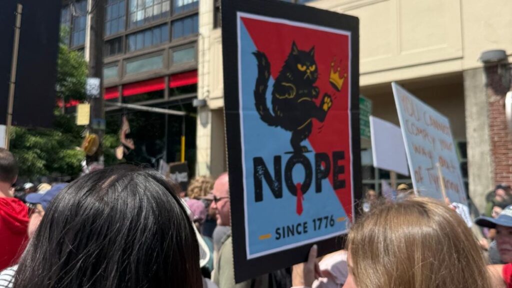 Una pancarta con un gato negro y la palabra “NOPE” destaca entre la multitud en referencia a la negativa ciudadana a aceptar figuras autoritarias. Foto: para Latino Herald Maia Vázquez