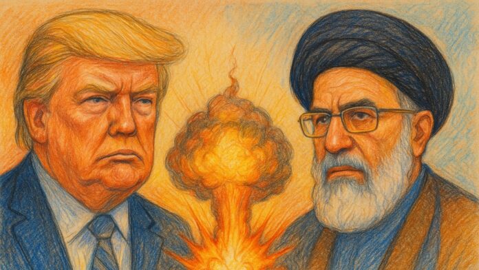 22 GENERAL Ilustración digital que muestra a Donald Trump y al líder supremo de Irán, Ali Khamenei, a los lados de una explosión, con una imagen satelital del sitio nuclear de Fordow en el fondo. Representa visualmente el conflicto tras los ataques confirmados por Trump.