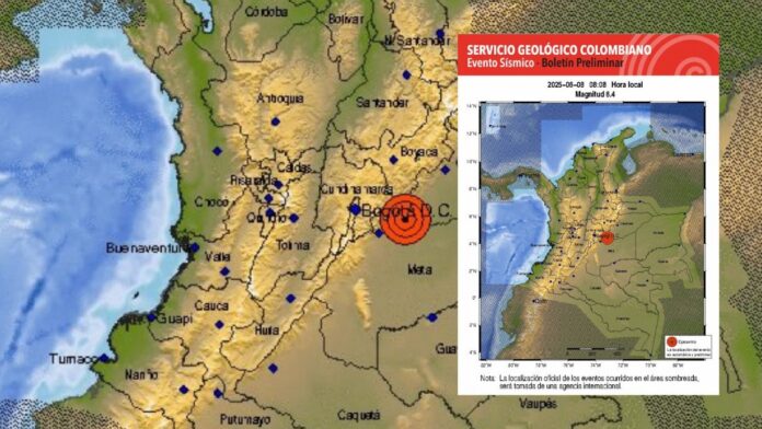 Mapa del epicentro del temblor en Colombia del 8 de junio de 2025, generado por el Servicio Geológico Colombiano.