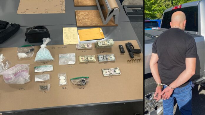 Foto: Droga y arma de fuego recuperadas en el operativo y el sujeto arrestado - Oficina del Sheriff del Condado de Snohomish. Foto: Droga y arma de fuego recuperadas en el operativo y el sujeto arrestado - Oficina del Sheriff del Condado de Snohomish.