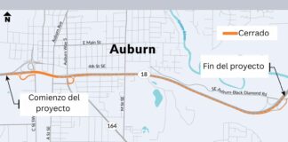 Mejoras en la SR 18 en Auburn: ¡Un viaje más suave se acerca! Foto: Mapa que muestra una línea naranja en la Ruta Estatal 18 desde C Street Suroeste hasta Green River, donde WSDOT pavimentará los carriles en dirección este de la SR 18. - Cortesía del WSDOT