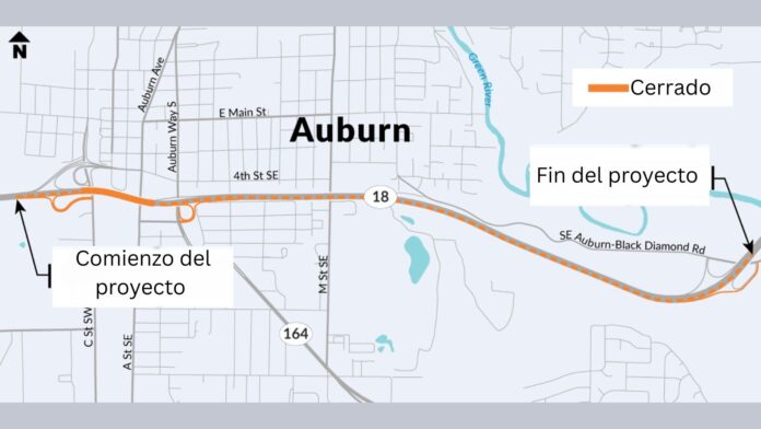 Foto: Mapa que muestra una línea naranja en la Ruta Estatal 18 desde C Street Suroeste hasta Green River, donde WSDOT pavimentará los carriles en dirección este de la SR 18. - Cortesía del WSDOT Foto: Mapa que muestra una línea naranja en la Ruta Estatal 18 desde C Street Suroeste hasta Green River, donde WSDOT pavimentará los carriles en dirección este de la SR 18. - Cortesía del WSDOT