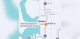 I-405 en dirección norte en Kirkland cerrará del 27 al 30 de junio Mapa de la I-405 a través de Kirkland con un punto naranja que marca el sitio del proyecto en Northeast 85th Street en Kirkland. - Cortesía WSDOT