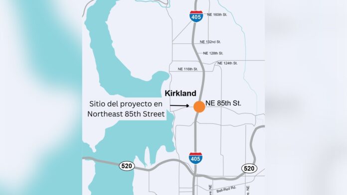 Foto: Mapa de la I-405 a través de Kirkland con un punto naranja que marca el sitio del proyecto en Northeast 85th Street en Kirkland. - Cortesía WSDOT Mapa de la I-405 a través de Kirkland con un punto naranja que marca el sitio del proyecto en Northeast 85th Street en Kirkland. - Cortesía WSDOT
