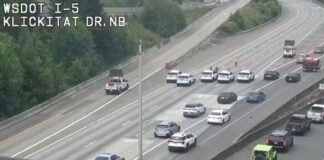 Tiroteo en la I-5 en Southcenter deja a una persona herida y causa un cierre temporal Foto: Agentes del WSP investigando la zona de la I-5 donde ocurrió el tiroteo - Cortesía WSDOT