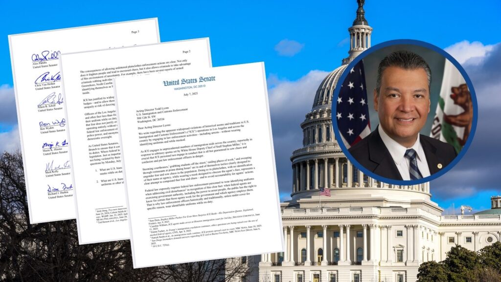 Carta del Senado liderada por Alex Padilla solicitando información sobre prácticas de ICE, junto a su retrato y el Capitolio al fondo.