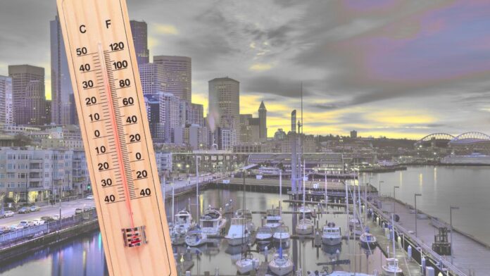 Canva-Marines-Montaje de dos fotos Termómetro marcando altas temperaturas frente al puerto de Seattle, con el centro de la ciudad al fondo.
