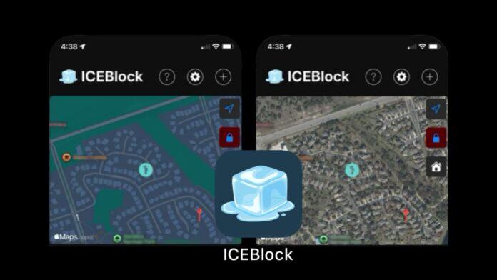 Captura de pantalla de la aplicación ICEBlock y logo - Marines Scaramazza