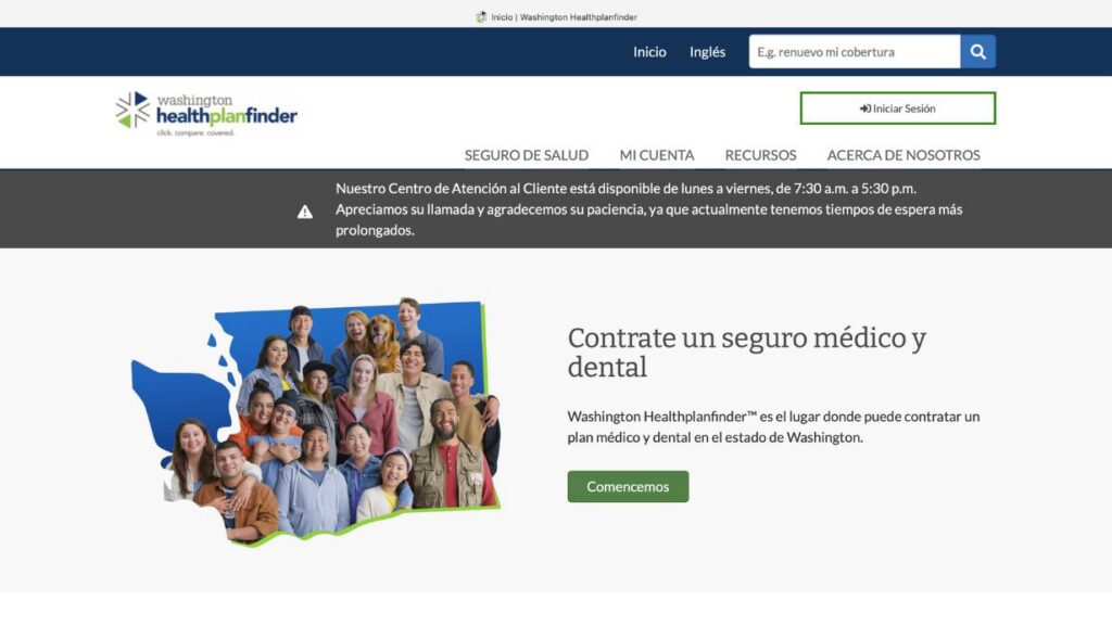 Captura de pantalla del sitio web de Washington Healthplanfinder, que ofrece seguros médicos y dentales en el estado de Washington.