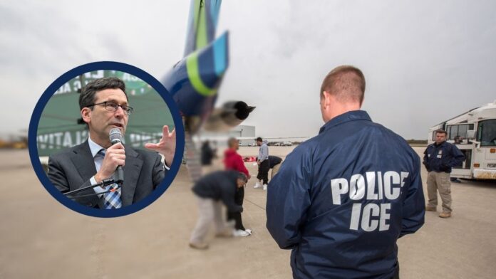 Montaje con imagen de un vuelo de deportación y retrato del gobernador Bob Ferguson, relacionado con indulto negado a inmigrante en riesgo de ser enviado a Sudán del Sur