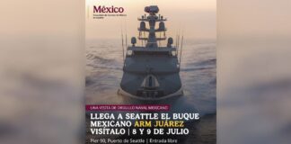 El buque ARM Juárez de la Marina Mexicana llegará al puerto de Seattle este 8 de julio Cartel oficial del Consulado de México en Seattle anunciando la visita del buque ARM Juárez los días 8 y 9 de julio en el Puerto de Seattle.