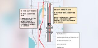 Cierre total de la autopista 5 en Seattle por trabajos de reparación Gráfica: Mapa que muestra la I-5 desde la I-90 hasta la calle 45 noreste en Seattle y dónde se realizará la construcción en 2025 - Cortesía del WSDOT