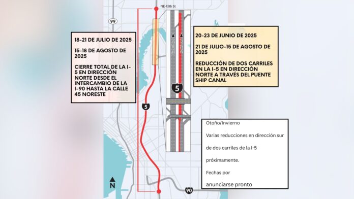 Gráfica: Mapa que muestra la I-5 desde la I-90 hasta la calle 45 noreste en Seattle y dónde se realizará la construcción en 2025 - Cortesía del WSDOT Gráfica: Mapa que muestra la I-5 desde la I-90 hasta la calle 45 noreste en Seattle y dónde se realizará la construcción en 2025 - Cortesía del WSDOT