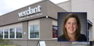 Sarah Zabel es nombrada superintendente interina en Verdant Health Commission Fachada del Verdant Community Wellness Center con retrato de Sarah Zabel, nueva superintendente interina.