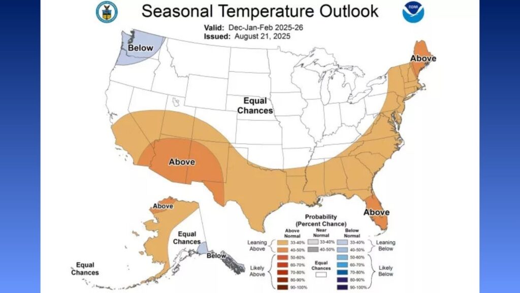 Mapa del pronóstico estacional de temperaturas en Estados Unidos para el invierno 2025-2026, emitido por NOAA. Muestra probabilidades de temperaturas por encima o por debajo del promedio en distintas regiones del país.