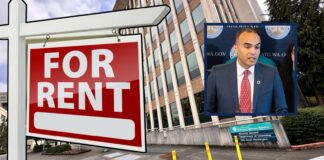 Ocho propietarios deben devolver dinero por subir la renta más de lo permitido en Washington Cartel de "For Rent" frente al edificio de la Fiscalía General del estado de Washington en Olympia, con un recuadro que muestra al fiscal general Nick Brown durante una conferencia de prensa.