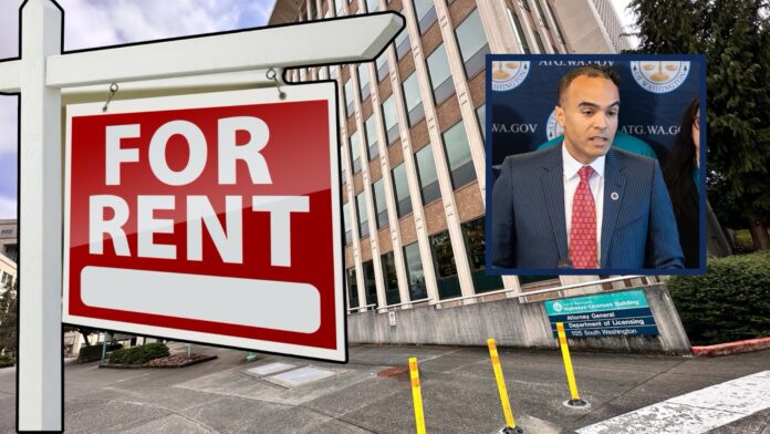 22-general.jpg Cartel de "For Rent" frente al edificio de la Fiscalía General del estado de Washington en Olympia, con un recuadro que muestra al fiscal general Nick Brown durante una conferencia de prensa.