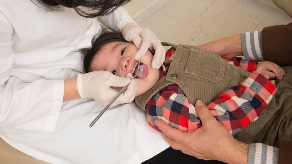 Un dentista con guantes revisa los dientes de un bebé que está recostado sobre las piernas de un adulto, lo que demuestra una visita dental temprana.
