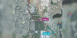 Nuevo tramo de la SR 509 hacia el aeropuerto de Sea-Tac tendrá cobros a partir del otoño Foto: La nueva autopista SR 509 se divide en dos etapas. Este mapa muestra la ruta del corredor de la SR 509 desde la I-5 hasta el final actual de la SR 509 en la esquina suroeste del Aeropuerto SEA - Cortesía del WSDOT