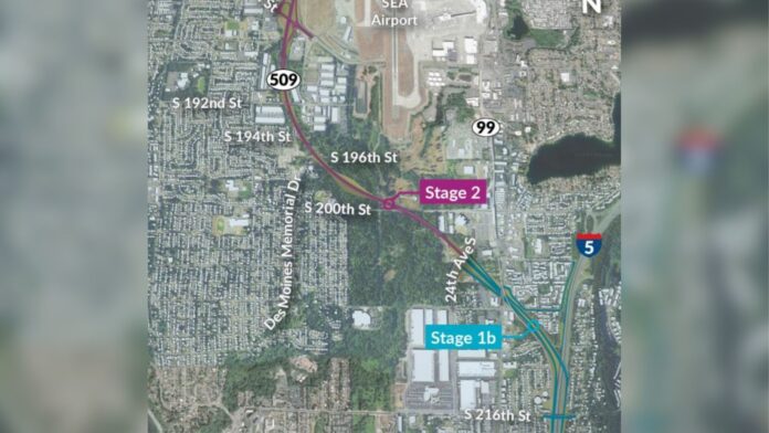 Foto: La nueva autopista SR 509 se divide en dos etapas. Este mapa muestra la ruta del corredor de la SR 509 desde la I-5 hasta el final actual de la SR 509 en la esquina suroeste del Aeropuerto SEA - Cortesía del WSDOT Foto: La nueva autopista SR 509 se divide en dos etapas. Este mapa muestra la ruta del corredor de la SR 509 desde la I-5 hasta el final actual de la SR 509 en la esquina suroeste del Aeropuerto SEA - Cortesía del WSDOT