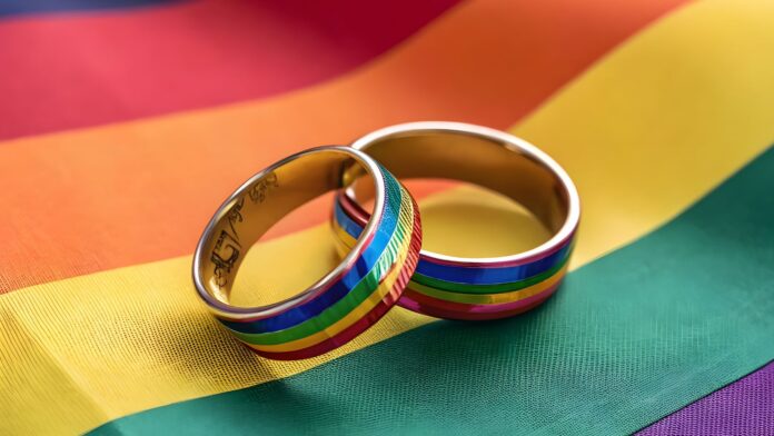 Rainbow Wedding Rings on LGBTQ Pride Flag