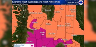 Amplían alerta por calor extremo en el centro y este de Washington Gráfica: Advertencias y avisos de calor extremo, Válida hasta las 8 p. m. del martes 12 de agosto del 2025 - Cortesía del Servicio Meteorológico Nacional