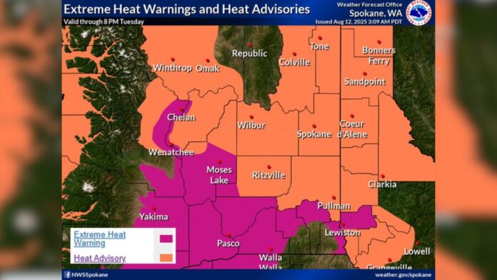 Gráfica: De las advertencias y avisos de calor extremo, Válida hasta las 8 p. m. del martes 12 de agosto del 2025 - Cortesía del Servicio Meteorológico Nacional de Spokane Gráfica: Advertencias y avisos de calor extremo, Válida hasta las 8 p. m. del martes 12 de agosto del 2025 - Cortesía del Servicio Meteorológico Nacional