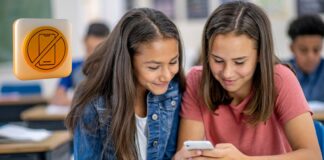 Distritos escolares de WA imponen restricciones al uso de celulares en las aulas High School Students with Cell Phones in Class stock photo