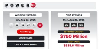 El premio gordo de Powerball asciende a 750 millones de dólares Foto: Monto acumulado para el sorteo de la noche del lunes 18 de agosto del 2025 - Cortesía del Poweball