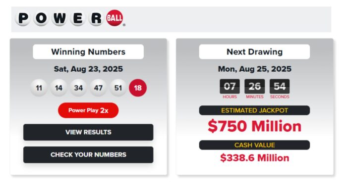 Foto: Monto acumulado para el sorteo de la noche del lunes 18 de agosto del 2025 - Cortesía del Poweball Foto: Monto acumulado para el sorteo de la noche del lunes 18 de agosto del 2025 - Cortesía del Poweball
