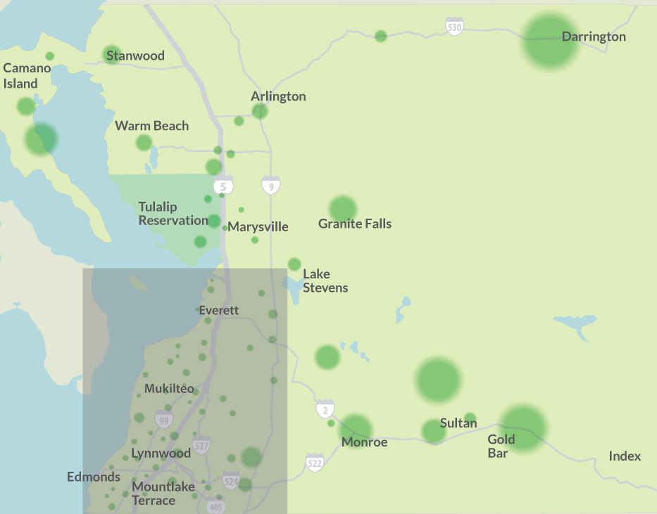 Mapa del condado de Snohomish que muestra áreas de alto riesgo de incendios forestales. Los puntos más grandes y verdes indican zonas con un Índice de Potencial de Ignición (IPI) elevado, destacando áreas como Gold Bar y Darrington.