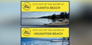 Autoridades del Puget Sound cierran acceso a dos playas por altos niveles de bacterias Foto: carteles que indican que está prohibido entrar en el agua, emitidos por la ciudad de Kirkland - Cortesía del gobierno de Kirkland.