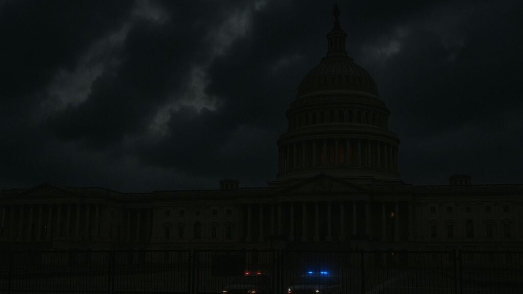 Imagen horizontal del Capitolio de Estados Unidos bajo un cielo tormentoso, con luces policiales y una valla de seguridad al frente, simbolizando la amenaza a la democracia © Latino Herald