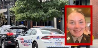 Muere la guardia nacional Sarah Beckstrom tras el ataque registrado cerca de la Casa Blanca Patrulla del Departamento de Policía Metropolitana de Washington D.C. estacionada en una calle urbana, con vehículos y edificios de fondo. Sobre la imagen aparece un recuadro rojo con la fotografía de Sarah Beckstrom, integrante de la Guardia Nacional que posteriormente falleció tras ser baleada cerca de la Casa Blanca, vistiendo su uniforme militar y sonriendo en la foto.