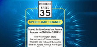 Shoreline reduce el límite de velocidad en Aurora Avenue tras serie de accidentes Foto: Anuncio de la reducción de velocidad en Aurora Avenue N (SR 99 - Cortesía de la ciudad de Shoreline