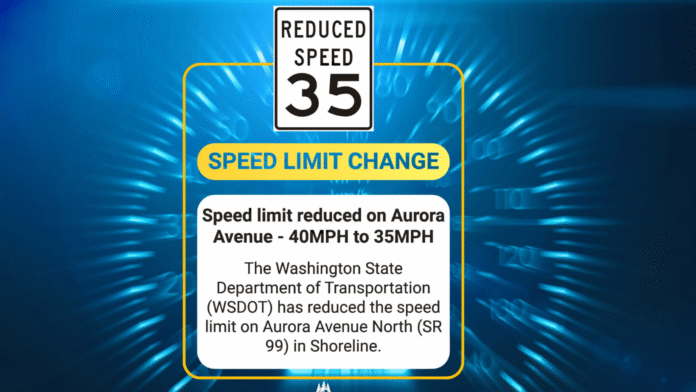 Foto: Anuncio de la reducción de velocidad en Aurora Avenue N (SR 99 - Cortesía de la ciudad de Shoreline