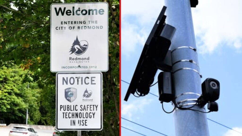 Foto: Anuncio policial y cámara Flock - Cortesía del departamento de policía de Redmond