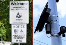 Avanza en el senado de WA ley para impedir que ICE use información de lectores de placas Foto: Anuncio policial y cámara Flock - Cortesía del departamento de policía de Redmond