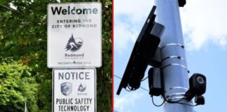 Policía de Redmond suspende uso de cámaras Flock ante inquietudes sobre acceso de ICE Foto: Anuncio policial y cámara Flock - Cortesía del departamento de policía de Redmond