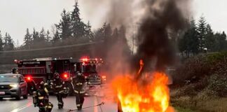 Incendio vehicular en I-5 norte fue controlado sin personas lesionadas Captura de pantalla de video compartido por South County Fire en Facebook el 26 de diciembre 2025 de un vehículo que se incendió en la interestatal 5