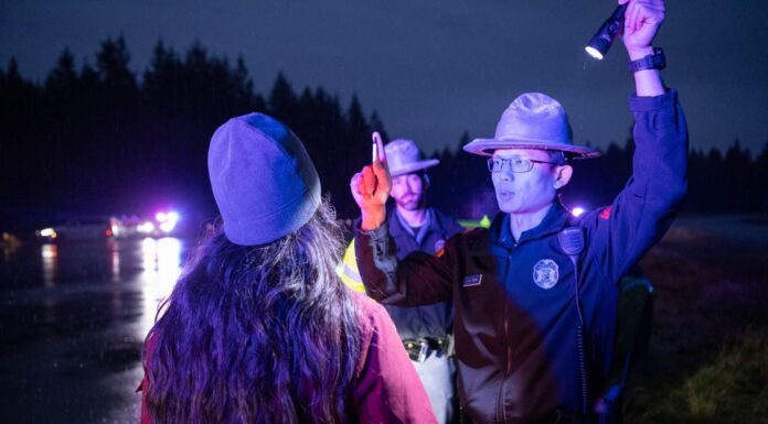 Nueva ley en Washington busca reducir retrasos en pruebas de alcoholemia Una mujer realiza una prueba ocular de sobriedad mientras un oficial sostiene una linterna en un control policial nocturno.