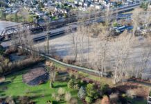 El White River entra en fase 4, autoridades de Auburn refuerzan monitoreo preventivo Vista aérea del White River en Auburn, WA, tras alcanzar la fase 4 de inundación, con el caudal elevado cerca de zonas urbanas y vías de transporte.