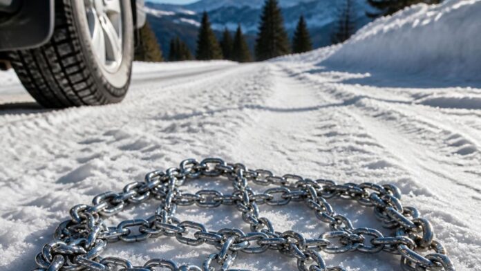un coche que esta en un camino cubierto de nieve y unas cadenas en el suelo arriba de la nieve