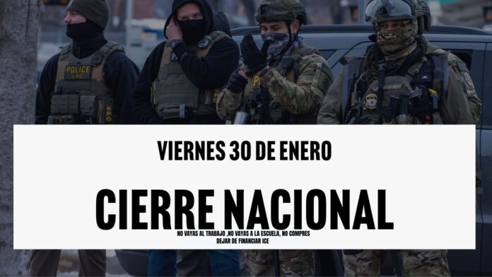 Captura de pantalla de la página web donde esta la información sobre la protesta. Foto de fondo es de agentes de ICE en Minneapolis. Imagen capturada por Colton de Blue G Productions.