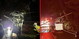 Conductor choca en la Autopista 101 y queda suspendido en cables eléctricos Foto: Camioneta enredada en cables eléctricos luego de chocar con un poste de luz - Cortesía del Departamento de Bomberos de Brinnon