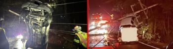 Foto: Camioneta enredada en cables eléctricos luego de chocar con un poste de luz - Cortesía del Departamento de Bomberos de Brinnon