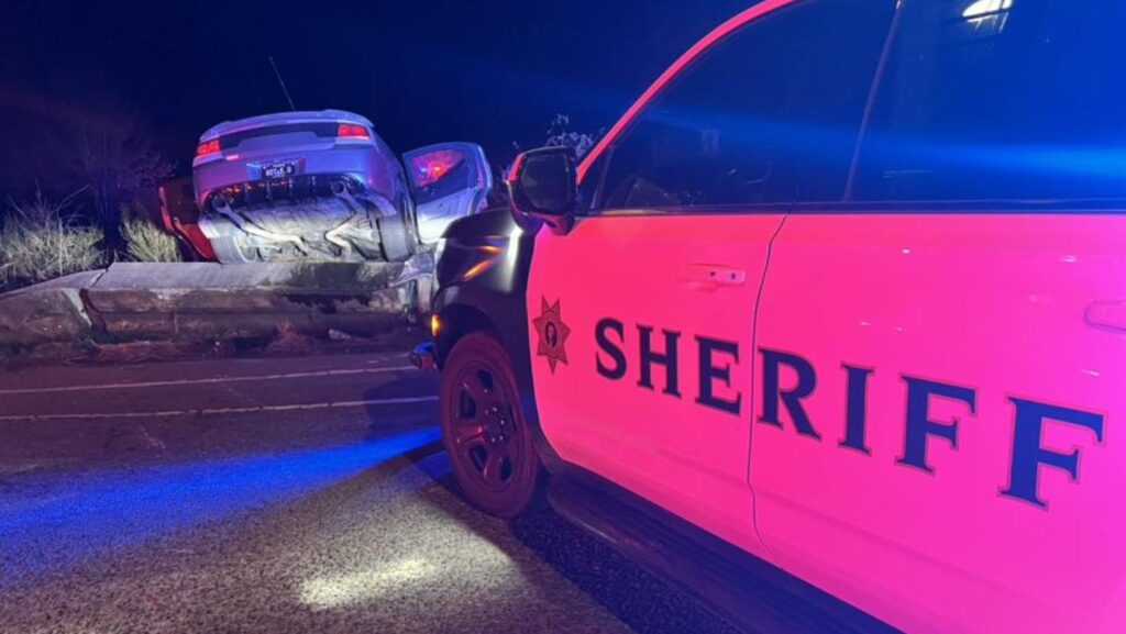 Foto: Patrulla detrás del vehículo que sufrió el accidente luego de huir de las autoridades – Cortesía del sheriff del condado deThurston Derek Sanders 