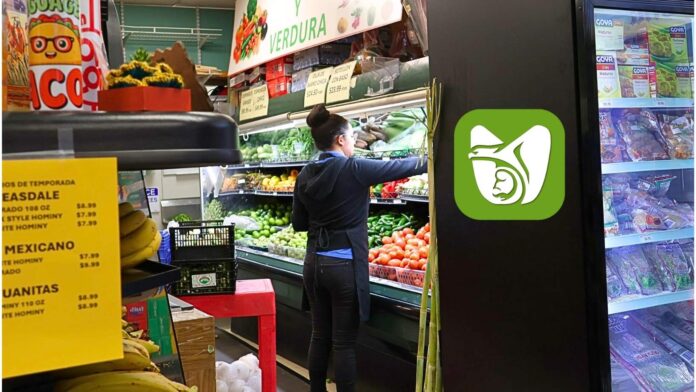 Trabajadora latina organizando frutas y verduras en una tienda comunitaria en Washington, un ejemplo de mexicanas y mexicanos que pueden acceder al programa de incorporación del IMSS desde Estados Unidos